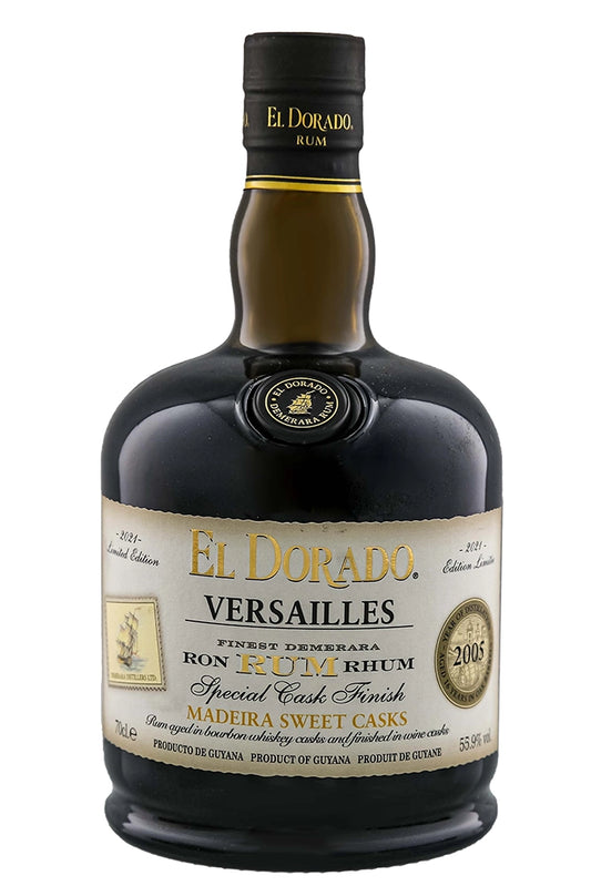 Botella de 70 cl de Ron El Dorado Versailles Madeira Sweet Casks, ron de Guyana 55,9% vol., acabado en barricas de vino de Madeira dulce, edición especial.