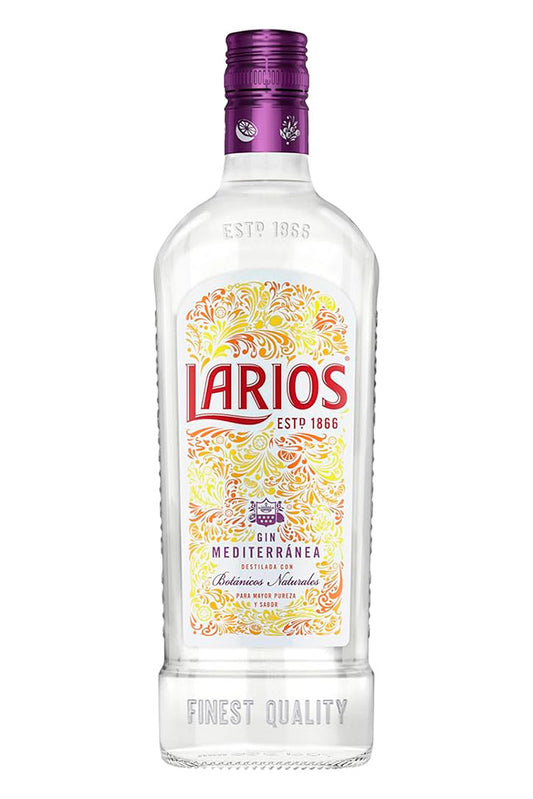 Botella de 1 litro de Ginebra Larios, una ginebra clásica española elaborada con botánicos del Mediterráneo como enebro, limón y naranja. Presentada en botella de vidrio transparente.