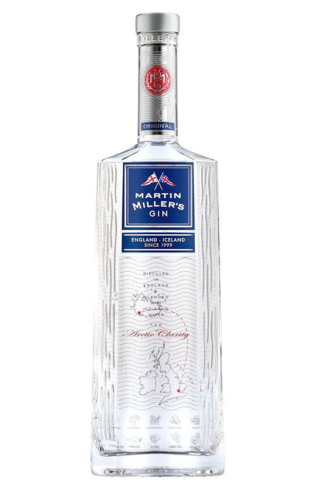 Botella de 70 cl de Ginebra Martin Miller's, una ginebra premium con botánicos cítricos y agua islandesa. Presentada en botella de vidrio transparente.