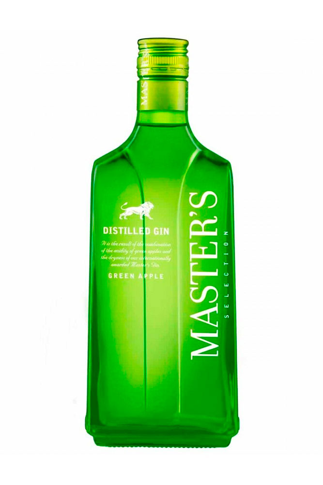 Botella de 70 cl de Ginebra Master's Green Apple, una ginebra aromatizada con manzana verde. Presentada en botella de vidrio verde.