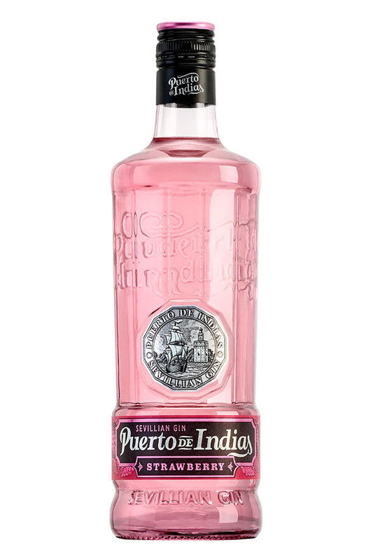 Botella de 70 cl de Ginebra Puerto de Indias Fresa, una ginebra pionera en sabor a fresa natural, elaborada en Sevilla. Con sabor dulce y afrutado, ideal para gin-tonics. Presentada en botella de vidrio de color rosa.

