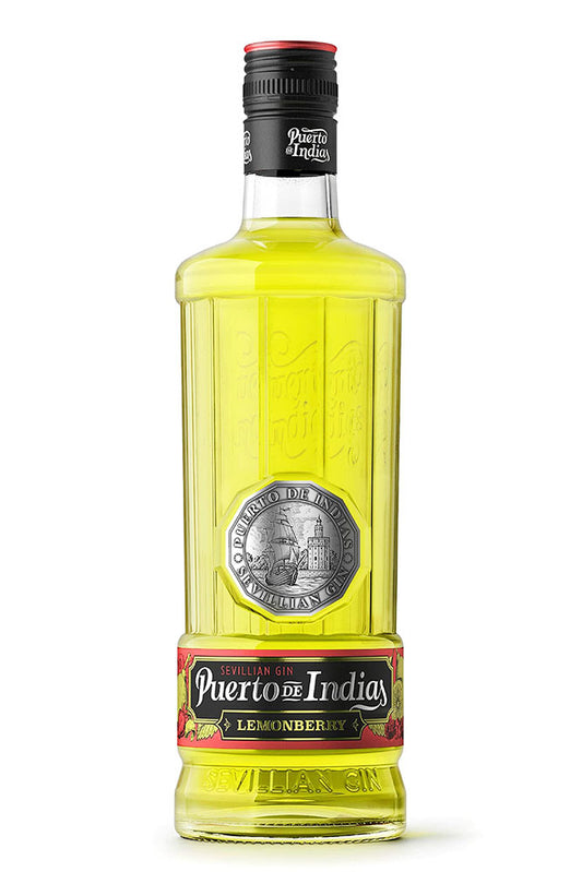 Botella de 70 cl de Ginebra Puerto de Indias Limón, una ginebra premium española elaborada en Sevilla. Con sabor a limón fresco y notas herbales, ideal para gin-tonics. Presentada en botella de vidrio de color amarillo claro.
