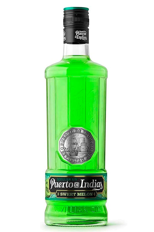 Botella de 70 cl de Ginebra Puerto de Indias Melón, una ginebra premium española elaborada en Sevilla. Con sabor a melón maduro y notas cítricas, ideal para cócteles de verano. Presentada en botella de vidrio de color verde claro.

