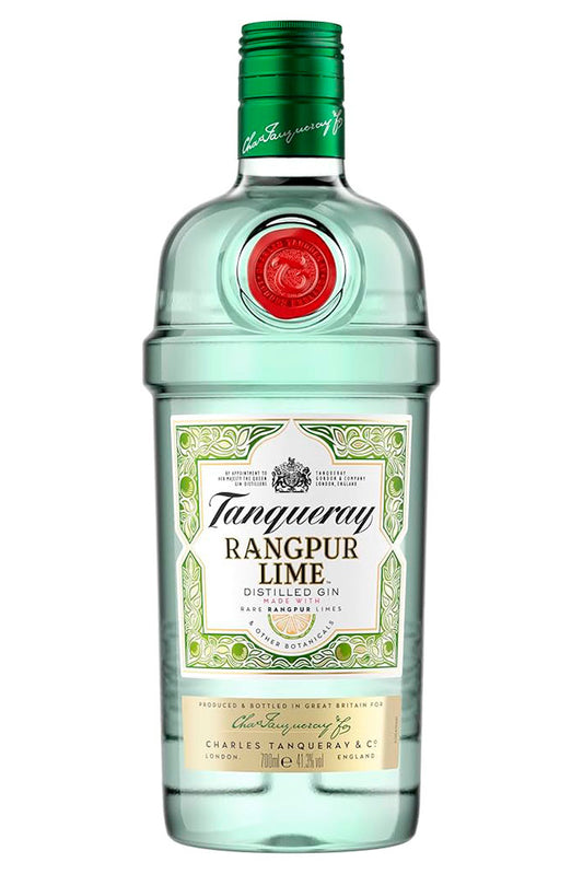Botella de 70 cl de Ginebra Tanqueray Rangpur, una ginebra premium elaborada con lima Rangpur y otros botánicos exóticos. Presentada en una botella de vidrio verde.