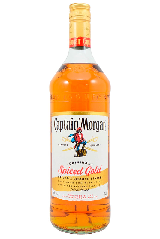 Botella de 1 litro de Captain Morgan Spiced, ron especiado caribeño 35% vol., con notas de vainilla y clavo, perfecto para cócteles o compartir.
