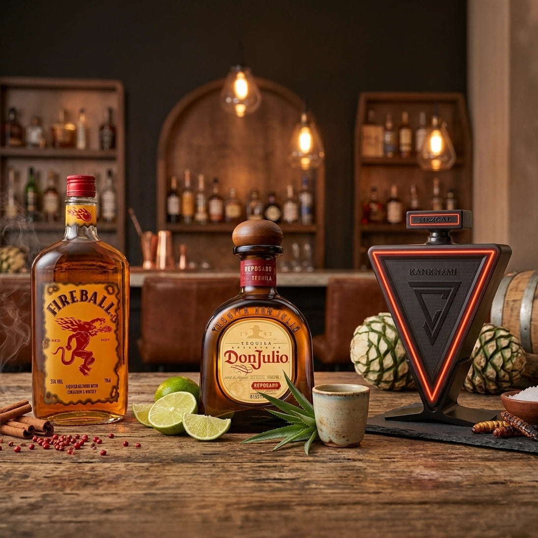 Bodegón artístico inspirado en México con botellas de Kankenami y Don Julio sobre madera noble en un ambiente de bar premium.