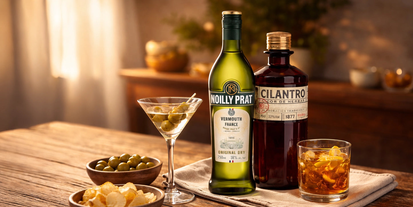 Imagen sugerente de un aperitivo con botellas de Noilly Prat y Licor de Cilantro junto a unos snacks premium.