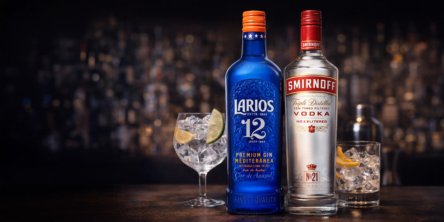 Imagen de mueble bar doméstico bien surtido con botellas de Smirnoff y Larios 12 preparadas para servir combinados clásicos.