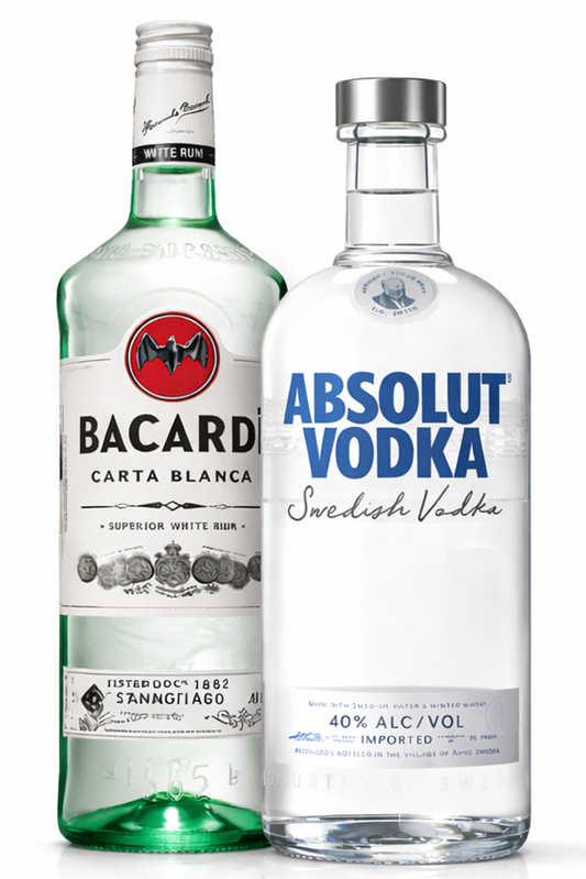 Pack Mix Ron y Vodka compuesto por una botella de un litro de Bacardi Carta Blanca y una botella de un litro de Absolut Vodka sobre fondo blanco.