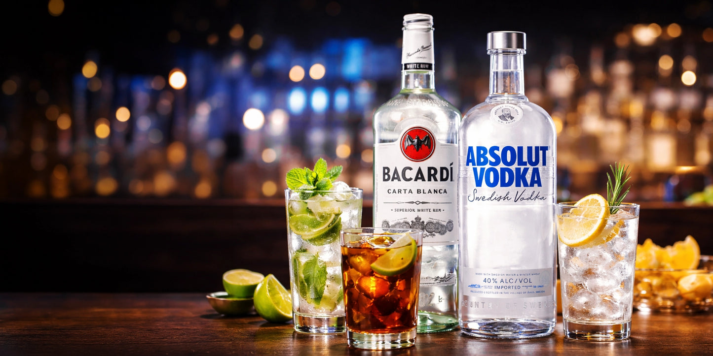 Ambiente festivo con amigos compartiendo copas preparadas con las botellas de litro de Bacardi y Absolut en primer plano.