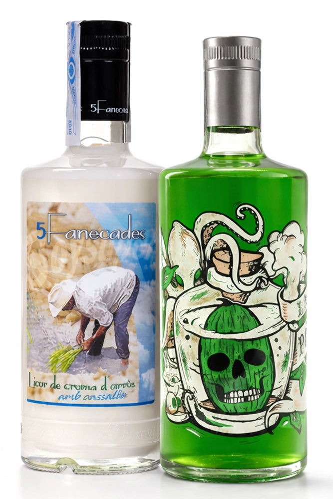 Pack Mix Sobremesa compuesto por una botella de Licor Crema de Arroz y una botella de Licor de Melón sobre fondo blanco.