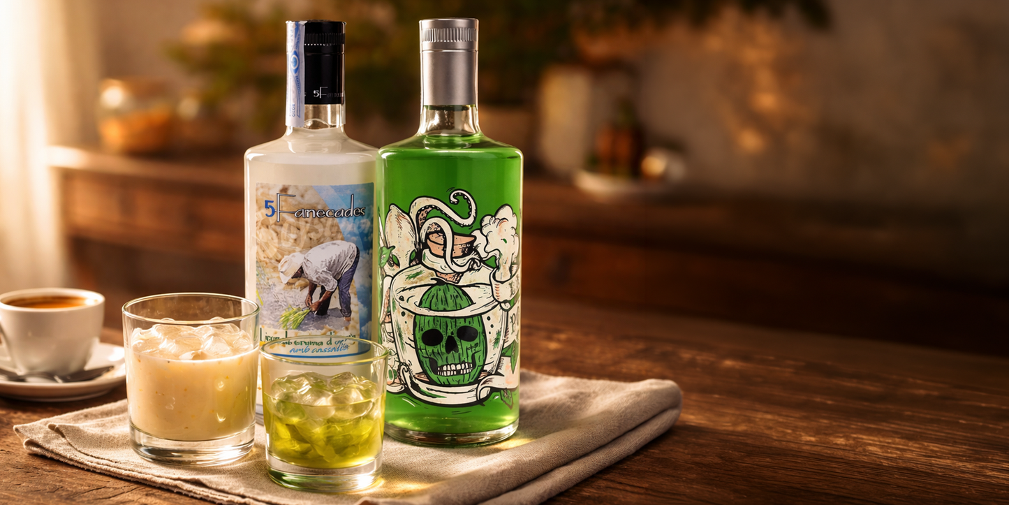 Bodegón de sobremesa con botellas de Crema de Arroz y Licor de Melón en un ambiente cálido y relajado de salón tras una comida.