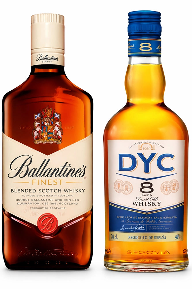 Pack Mix Whisky compuesto por una botella de Ballantine's Finest Blended Scotch y una botella de DYC 8 Años Whisky Español sobre fondo blanco.