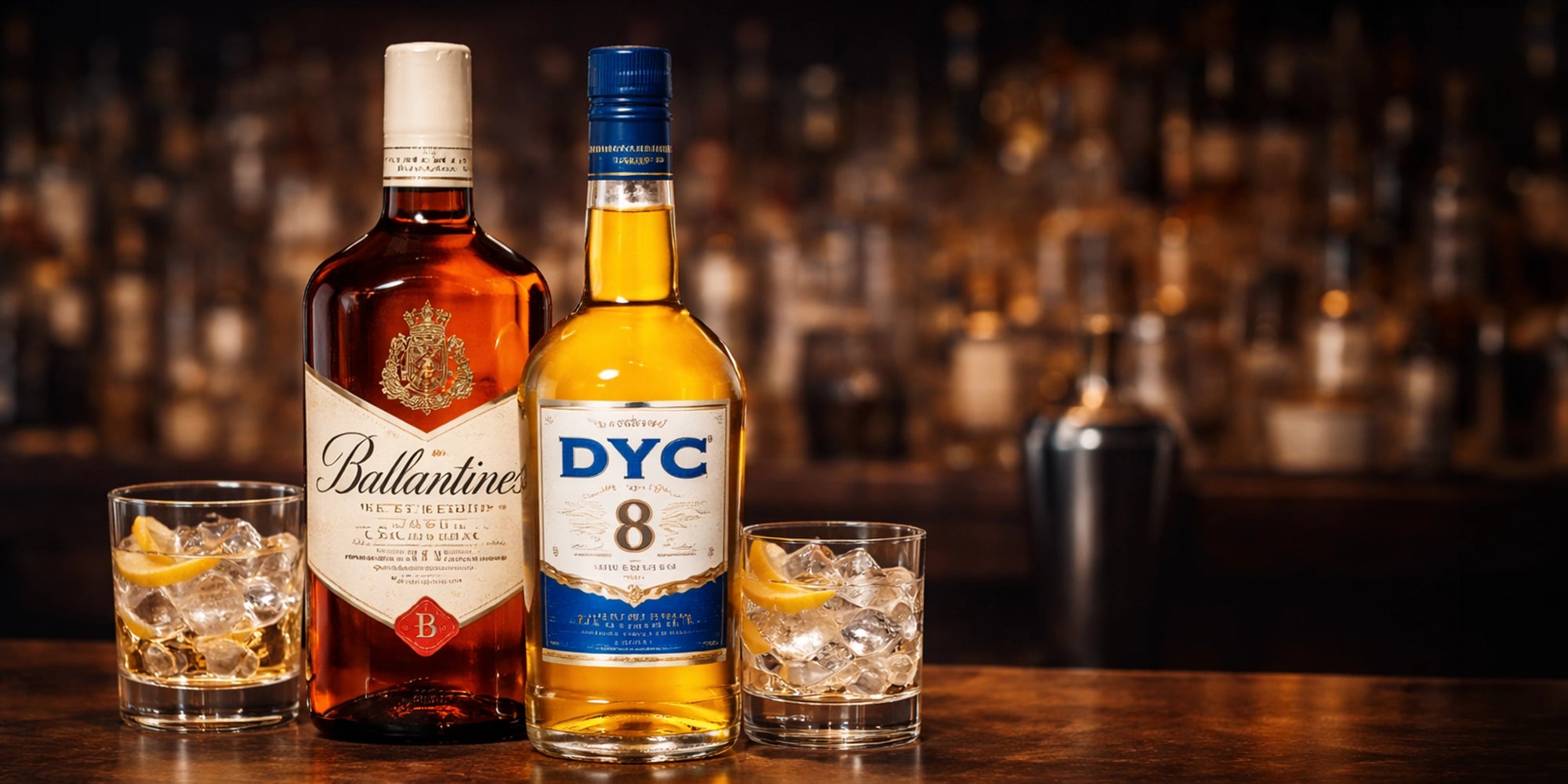 Primer plano de un vaso de whisky con hielo junto a las botellas de Ballantine's y DYC 8 en un ambiente de luz tenue y relajada.