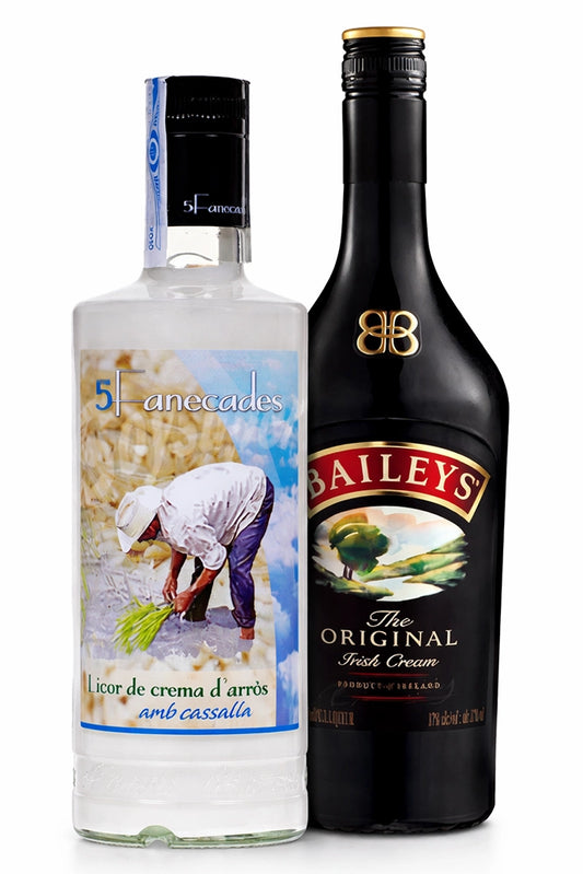 Pack Valor Sobremesa compuesto por una botella de Baileys Original Irish Cream y una botella de Licor Crema de Arroz sobre fondo blanco.