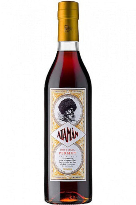 Botella de 1 litro de Vermut Ataman, un vermut andaluz de Bodegas Barbadillo. Elaborado con vino blanco y botánicos seleccionados, ideal como aperitivo. Sabor seco y especiado, con notas de hierbas mediterráneas. Presentado en botella de vidrio ámbar oscuro.