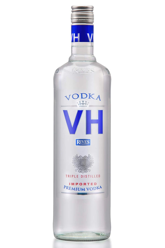 Botella de 1 litro de Vodka VH Rives, un vodka español accesible y versátil. Elaborado con alcohol rectificado de grano y agua purificada, destilado en columna y filtrado con carbón. Presentado en botella de vidrio transparente.