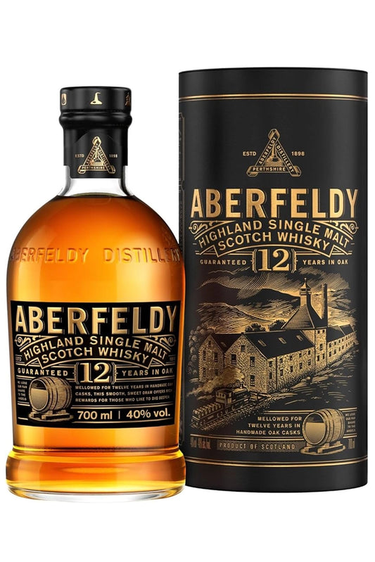 Botella de whisky Aberfeldy 12 Años 70 cl, single malt escocés de las Highlands con notas de miel, manzana y caramelo.