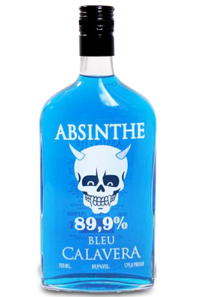 Botella azul de Absenta Calavera Azul 89,9º 70 cl con tono translúcido.