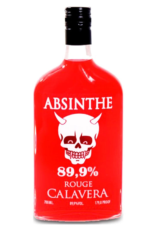 Botella de Absenta Calavera Roja 89,9º 70 cl, diseño rojo intenso y llamativo.