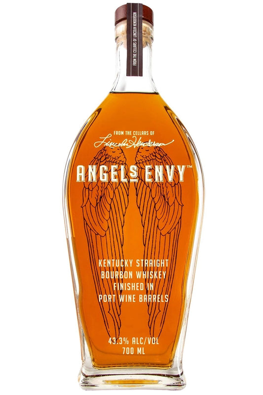 Botella de whisky Angel’s Envy Bourbon 70 cl, envejecido en roble y finalizado en barricas de vino de Oporto. Elegante y complejo.