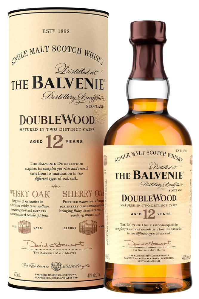 Botella de whisky Balvenie 12 Años Double Wood 70 cl, single malt de Speyside envejecido en barricas de bourbon y jerez.