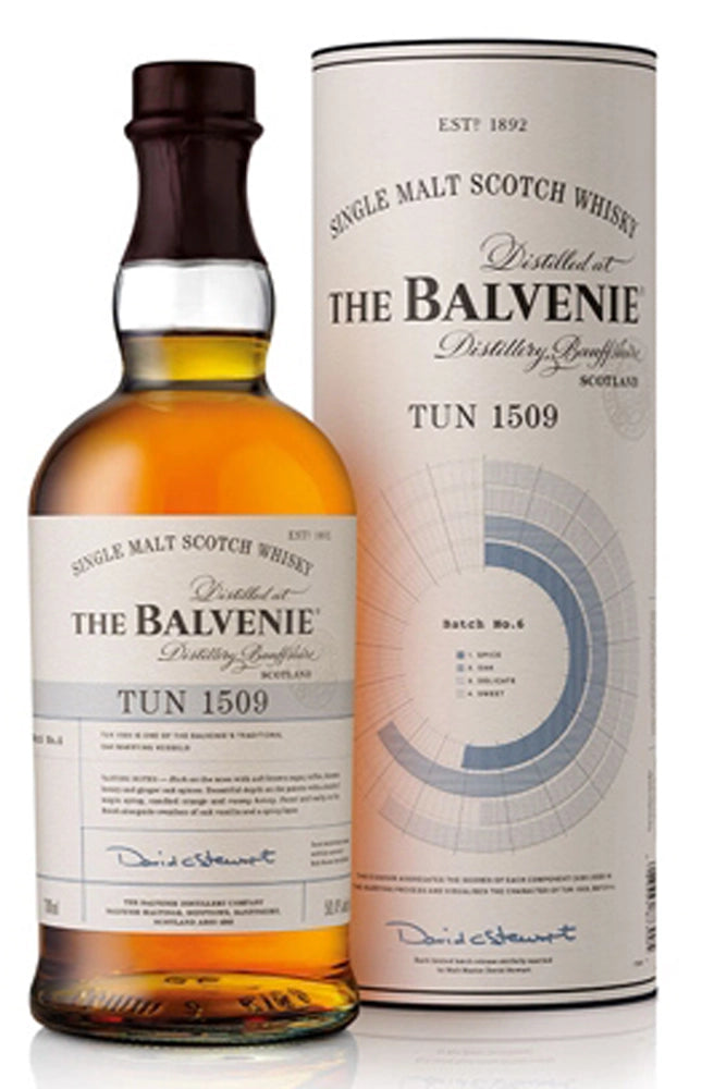 Botella de whisky Balvenie Tun 1509 70 cl, edición limitada de Speyside ensamblada a mano. Compleja, elegante y de colección.