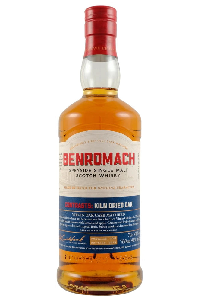 Botella de Benromach Kiln Dried Oak 70 cl, single malt de Speyside con notas de limón, manzana caramelizada, piña y humo sutil.