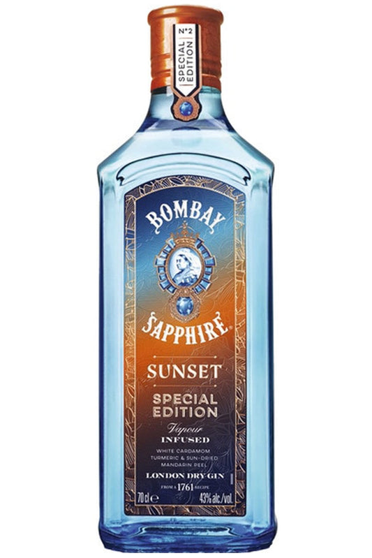 Botella Bombay Sapphire Sunset 70 cl, ginebra de edición especial con notas cálidas de cúrcuma, mandarina y cardamomo.