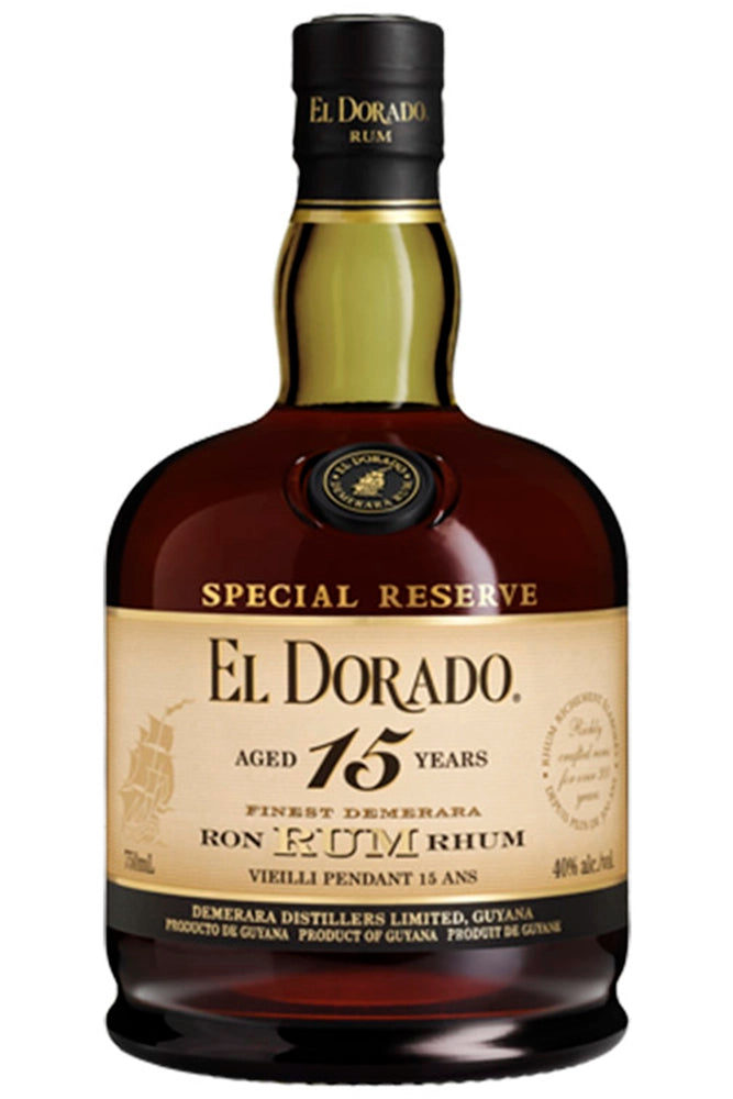 Botella de 70 cl de Ron El Dorado 15 YO, ron Demerara premium 43% vol., envejecido 15 años, con notas de café, almendras y vainilla.