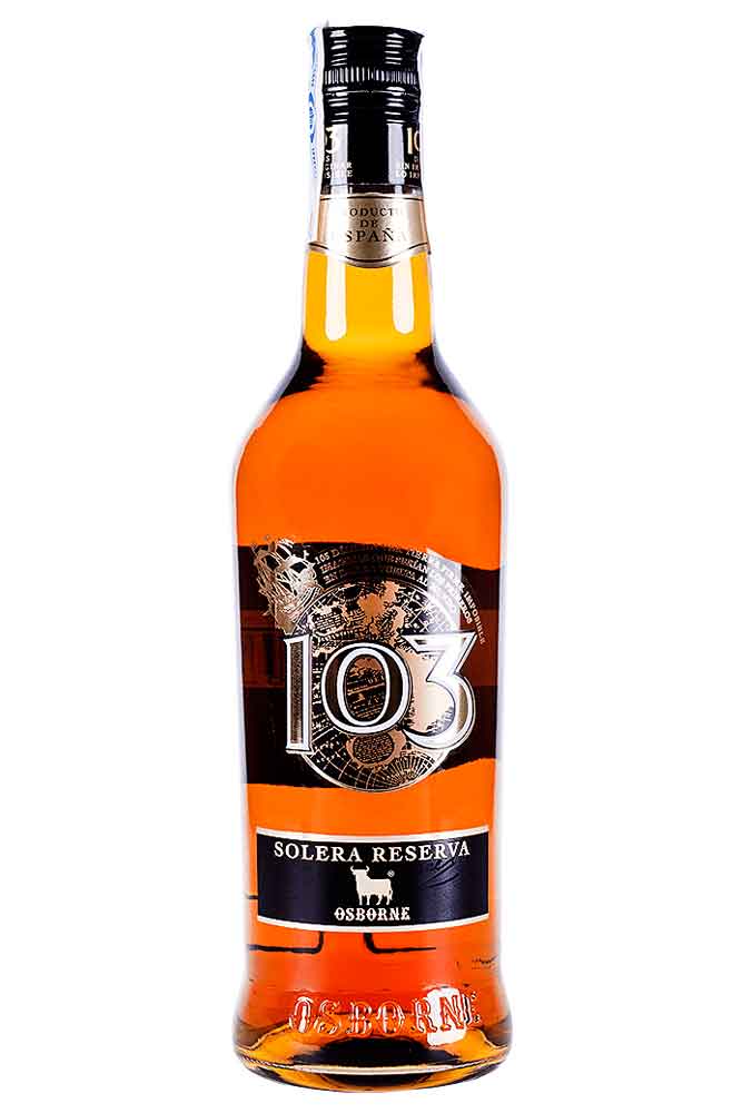 Botella de Brandy 103 Negra Solera Reserva Osborne 70 cl. Brandy de Jerez de color ámbar oscuro. Sabor potente con notas de roble.