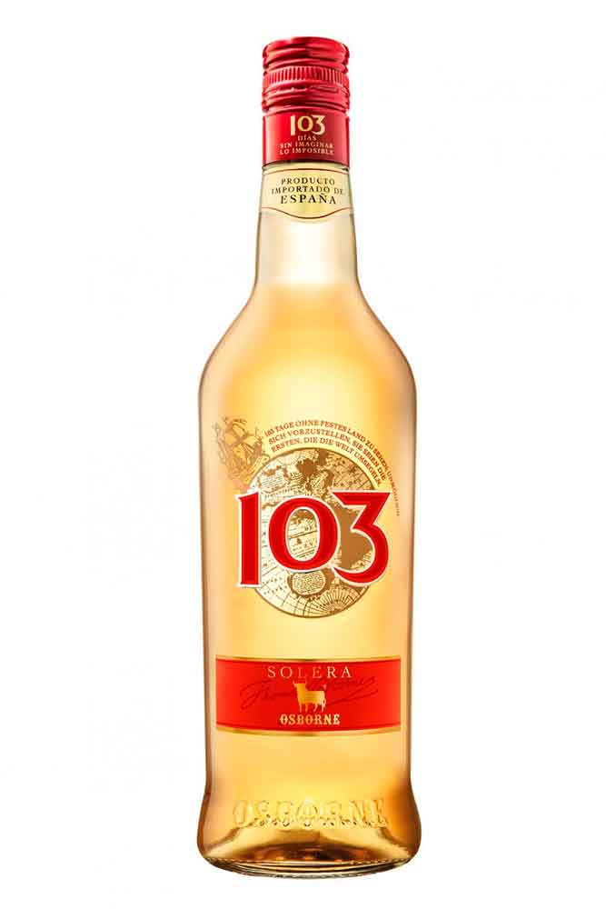 Botella de 1 litro de Brandy 103 L de Osborne, brandy español de solera con notas de vainilla y uva pasa, para degustar solo o con hielo.