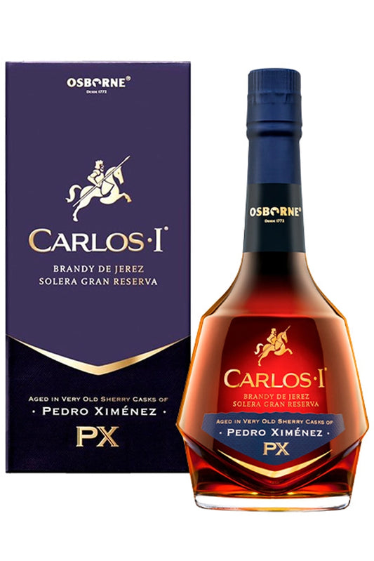 Botella Carlos I PX Pedro Ximénez 70 cl con estuche, brandy de Jerez acabado en botas de PX.