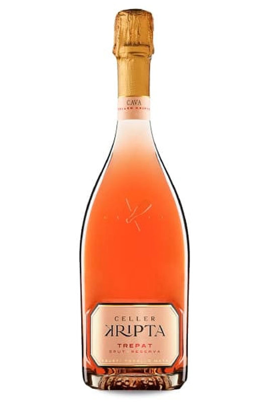 Botella Celler Kripta Trepat Rosat 75 cl, cava rosado con burbuja fina y notas de fresa, frambuesa y pétalos de rosa.