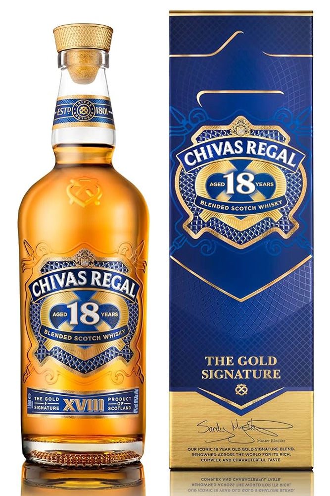 Botella de Chivas Regal 18 Años 1L, blended scotch premium con notas de frutas secas, toffee, naranja y chocolate negro.