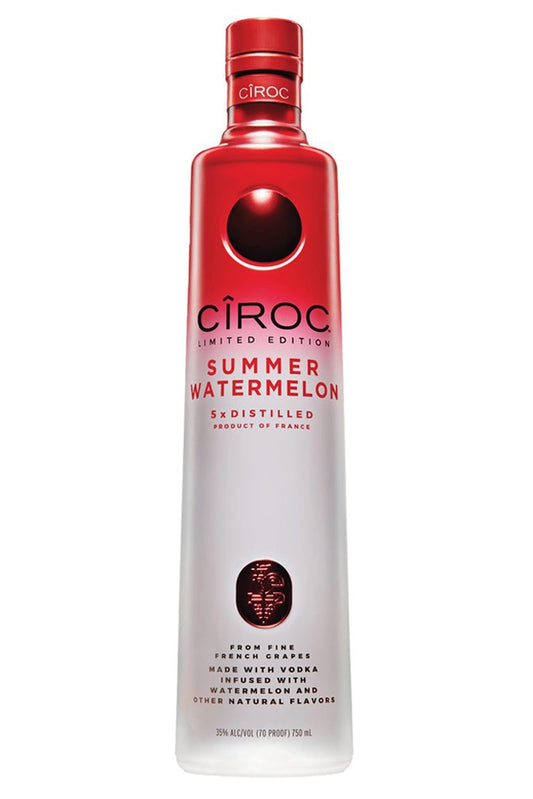 Botella Cîroc Summer Watermelon 70 cl, vodka francés aromatizado con sandía madura, dulce, refrescante y veraniego.