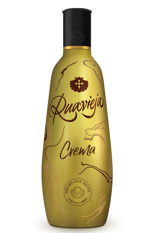 Botella de Crema Ruavieja, licor gallego elaborado con orujo y leche. Dulce, cremosa y perfecta para sobremesa o servir con hielo.