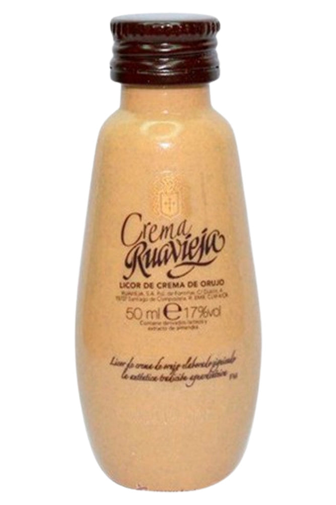 Mini botella Crema Ruavieja 5 cl, licor crema beige suave y cremoso.