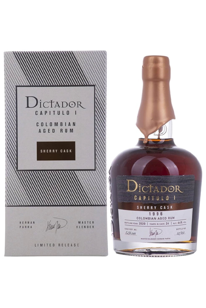 Botella de 70 cl de Ron Dictador 1996 Sherry Cask, ron colombiano 24 años 44% vol., acabado en barrica de jerez, notas de vainilla, frutos secos y tabaco.