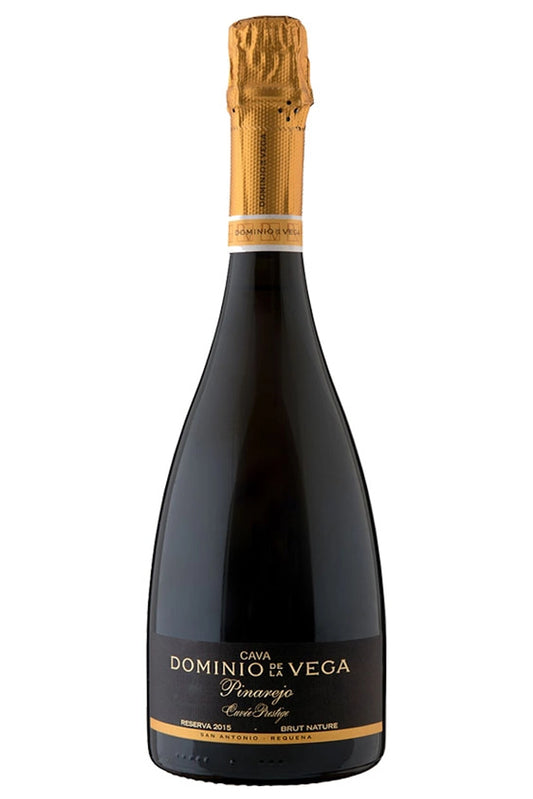Botella Dominio de la Vega Prestige Brut Nature 75 cl, cava seco y elegante con notas de pan tostado, fruta madura y mineralidad.