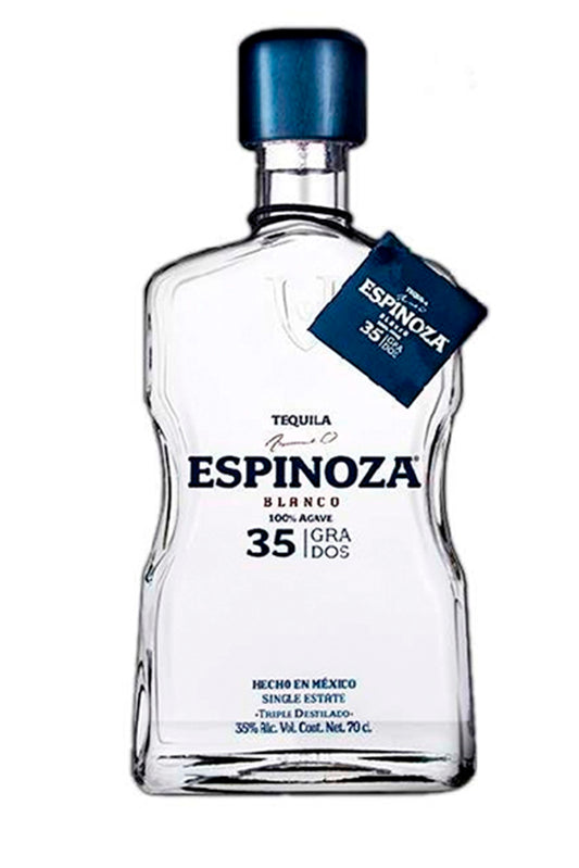 Botella de 70 cl de Tequila Espinoza Blanco, tequila 100% agave azul, notas de cítricos y calabaza.