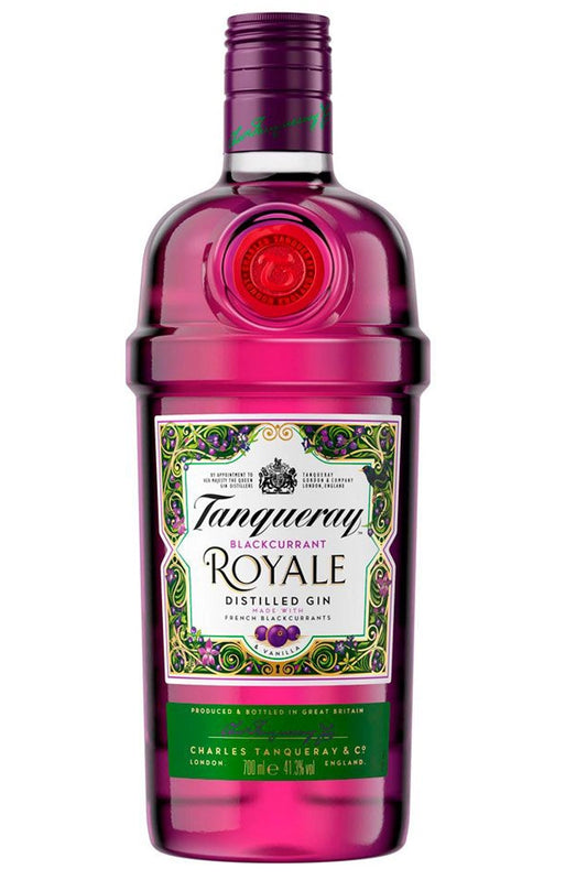 Botella de Gin Tanqueray Blackcurrant Royale 70 cl, con grosella negra y vainilla.