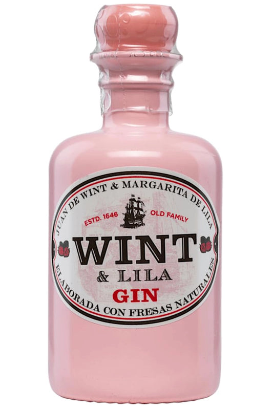 Botella de Gin Wint & Lila Fresa 70 cl, rosa brillante e infusionada con fresas naturales.