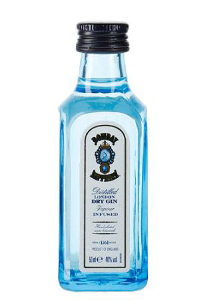 Botella mini de Ginebra Bombay Sapphire 5 cl, London Dry premium con 10 botánicos exóticos. Ideal para catas, regalos y gin-tonics.