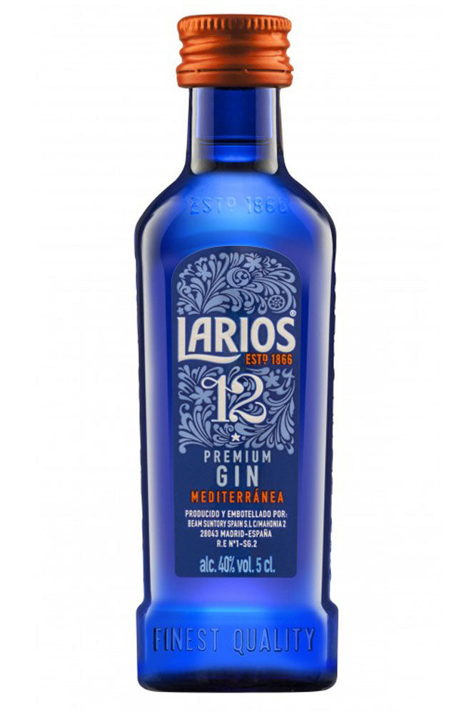 Botella mini de Ginebra Larios 12 (5 cl), premium mediterránea con 12 botánicos. Fresca y aromática, ideal para degustación o regalo.