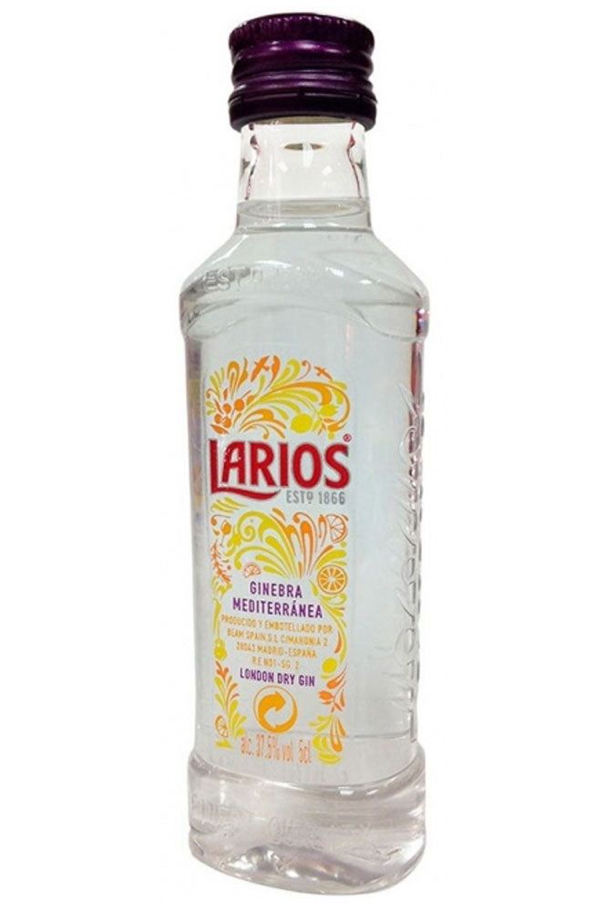 Botella mini de Ginebra Larios 5 cl, ginebra mediterránea clásica. Fresca, seca y cítrica, perfecta para gin-tonics y degustaciones.