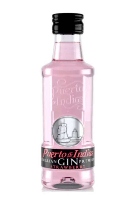 Botella mini de Ginebra Puerto de Indias 5 cl, rosa afrutada con fresas naturales. Suave y refrescante, perfecta para gin-tonics y regalos.