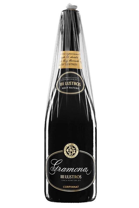 Botella Gramona Tres Lustros 75 cl, cava Gran Reserva cremoso con notas de frutos secos, panadería fina y cítricos.