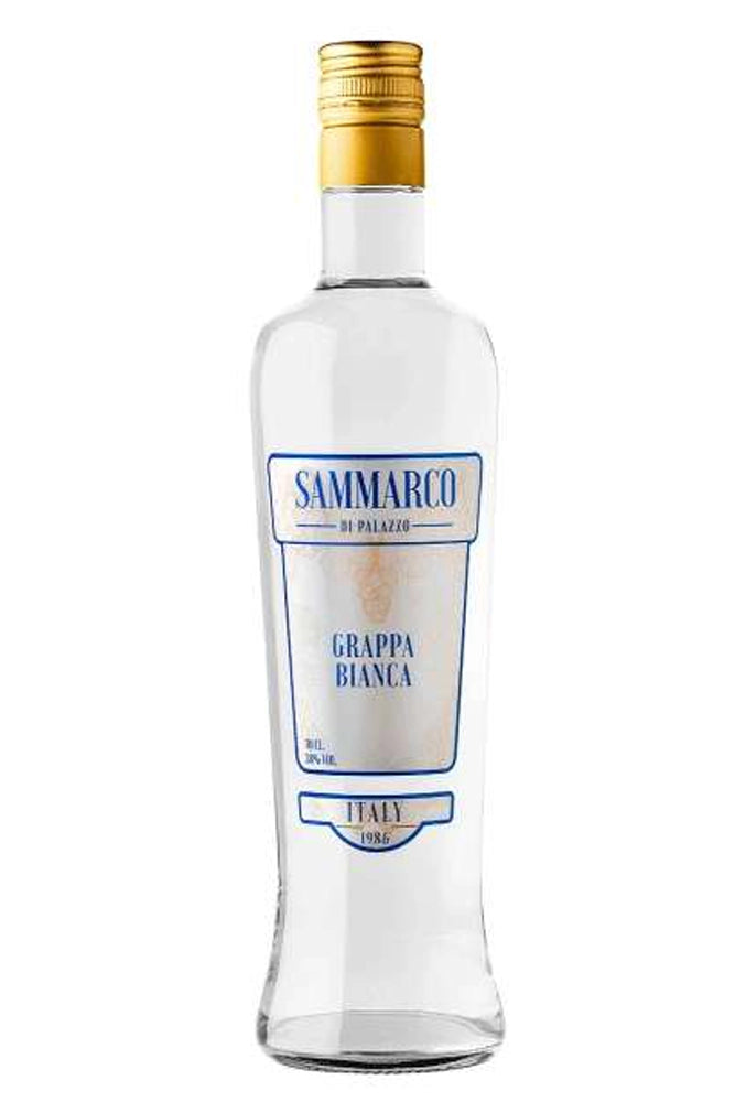 Botella Grappa Bianca Sammarco 70 cl, grappa italiana cristalina de sabor intenso y notas frutales y florales.