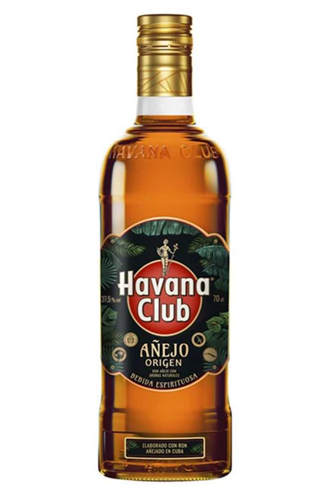 Botella de 70 cl de Ron Havana Origen, ron añejo cubano premium con notas de vainilla y caramelo, suave y equilibrado.